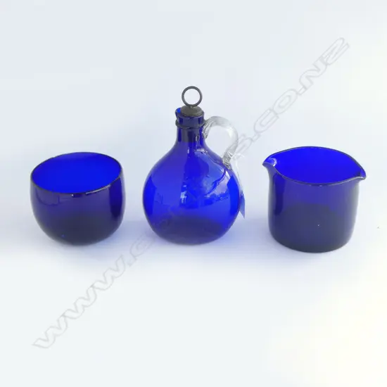 3 PCES ANTIQUE BLUE GLASS - BRISTOL? H.200mm tiny chip to rim