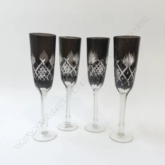 FOUR LONG STEM CUT GLASS FLUTES H.245mm