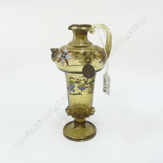 19thC Bohemian glass decanter w frilled applique & enamelled decoration the stopper stuck finial absent. H.180mm