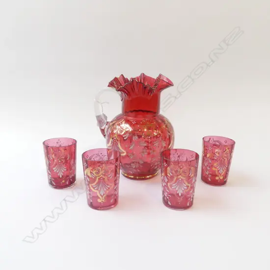 RUBY VENETIAN GLASS JUG H.230mm + 4 MATCHING GLASSES