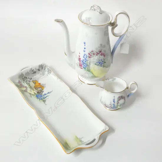 SHELLEY CHINA COFFEE POT JUG & SANDWICH PLATE HOLLYHOCK PAT