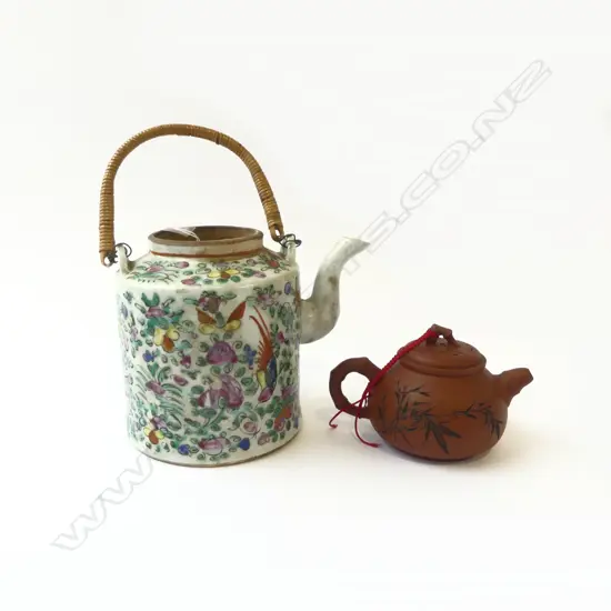 ANTIQUE FAMILLE ROSE TEAPOT A/F, & SMALL CHINESE TEAPOT, H.95MM-145MM