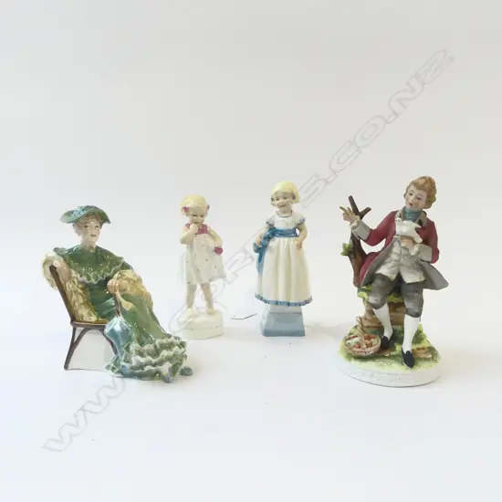 4 CHINA FIGURINES; 2 WORCESTER, DOULTON & OTHER, 2 WITH REPAIRS, H.180mm