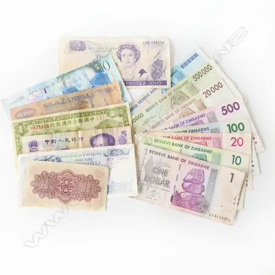 ASSORTED BANK NOTES INCL;. RARE ZIMBABWEAN, NZ, TONGA, CHINA etc