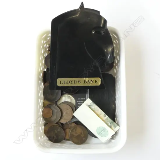 LLOYDS BLACK PLASTIC HORSE HEAD MONEY BANK H.130mm, ASST. COINS, PR PINCE NEZ AF