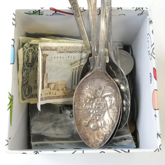 ASST. WORLD COINS, BANK NOTES, 4 EP BERRY SPOONS (PR +2)