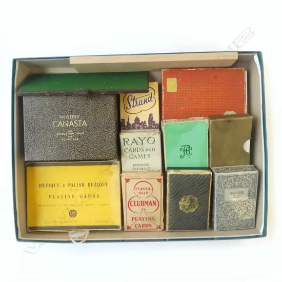 TEN VINTAGE PLAYING CARDS IN BOXES & TWO CRIBBAGE BOARDS 