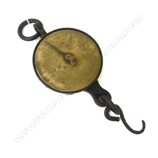 ANTIQUE SALTERS SPRING BALANCE SCALES 100LB SILVESTER PATENT BRASS & CAST IRON, L.370MM