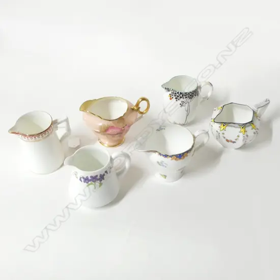6 VINTAGE SHELLEY CHINA JUGS 110MM TALLEST