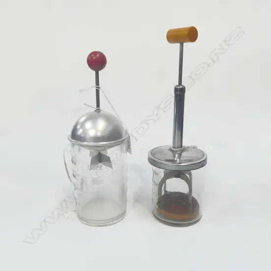 TWO VINTAGE GLASS & TIN DECO KITCHEN CHOPPERS LARGEST H.280mm