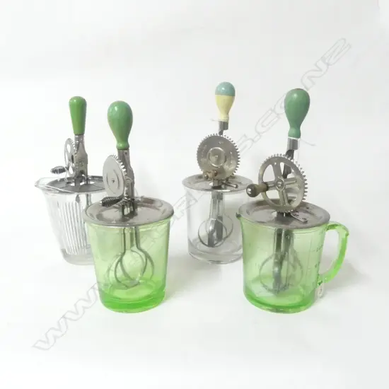 (3448/2408/2496) 4 VINTAGE HAND HELD  A&J ROTARY BEATERS ON GLASS MEASURES H.320mm