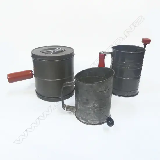 (1147) THREE VINTAGE TIN SIFTERS H.170mm