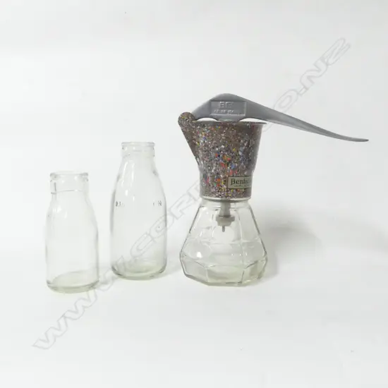 VINTAGE GLASS & BAKELITE? CREAM MIXER H.220mm & TWO GLASS MILK BOTTLES