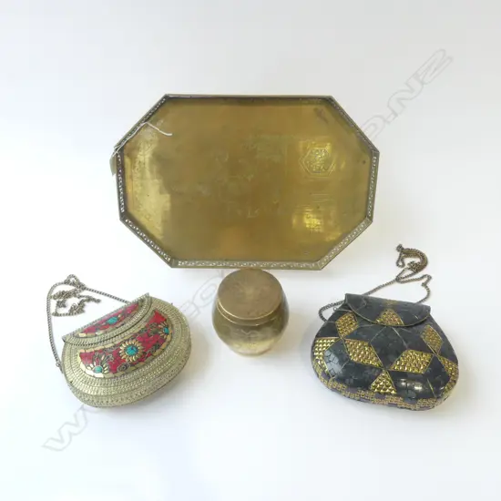 ORIENTAL BRASS TRAY W., 2 INLAID PURSES & BRASS CONTAINER 