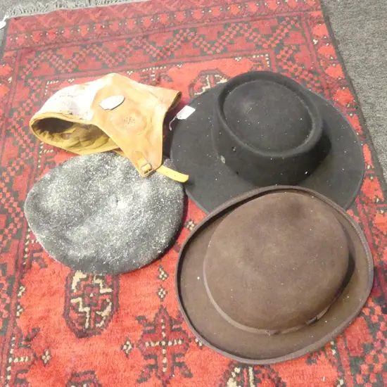 4 HATS; HAT FACTORY NZ BLACK FURFELT 'GRAZIER', JAXON & JAMES ENGLISH DERBY, COSTUME FLYING HELMET, BERET
