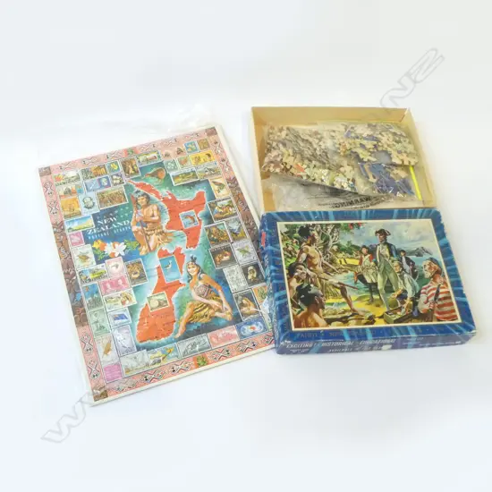 VINTAGE N.Z. STAMP PUZZLE ON BOARD & CAPTAIN COOK DISCOVERY VOYAGE JIGSAW PUZZLE