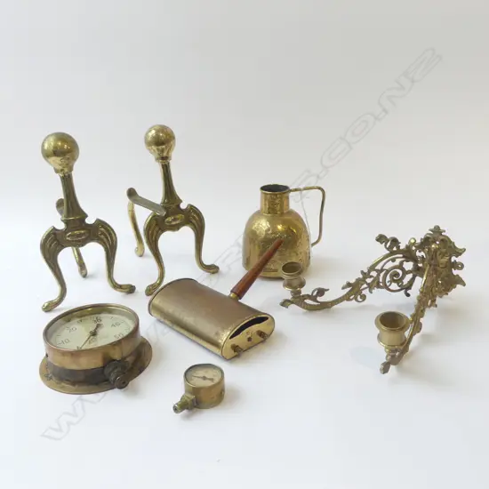  ASST BRASS ITEMS INCL. CRUMB SWEEPER + FIRE DOGS + CANDLE HOLDER
