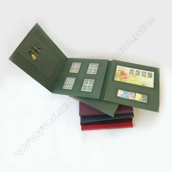 VOLS 1-5 CASED LTD ED NZ POST THEMED STAMP ALBUMS; CRICKET, BUTTERFLIES, MAORI LANGUAGE, RUGBY LEAGUE & FAMOUS NZERS