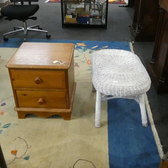 PINE 2 DRAWER BEDSIDE TABLE & CANE STOOL W.700mm