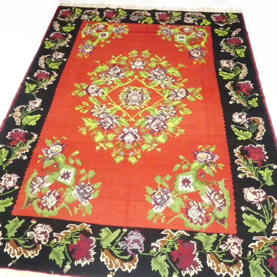 LARGE KELIM RUG RED BLACK & GREEN  FLORAL PAT L3300 W2480MM