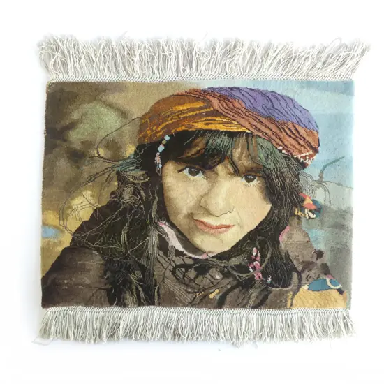 FINELY KNOTTED PERSIAN PICTURE RUG of a girl in traditional dress. Wool on cotton. 450 x 600mm
