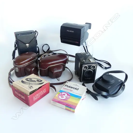 VINTAGE CAMERAS; ADOX PRONTO in CASE, CASED GERMAN DIAX IIb, POLAROID w FILM, BOX BROWNIE,  AGFAMATIC 100