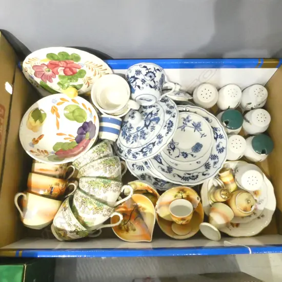 BOX OF ASSTD. CHINA SPODE CUPS, DENBY, NORITAKE BLUE DANUBE