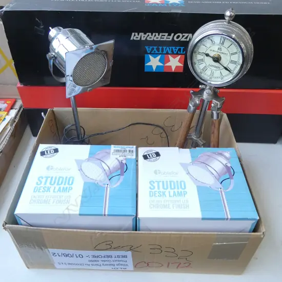 3 STUDIO DESK LAMPS (2 BOXED) + BOND STREET LONDON CLOCK ON TRIPOD 