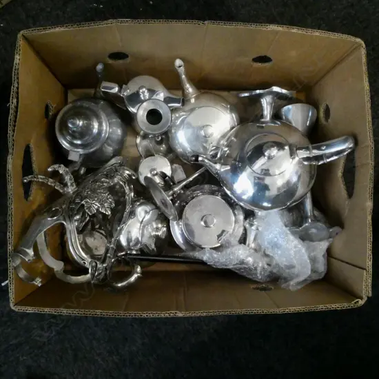 BOX OF ASST. SILVER PLATE, etc