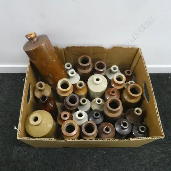 LARGE BOX OF STONEWARE EWERS AND POTS
