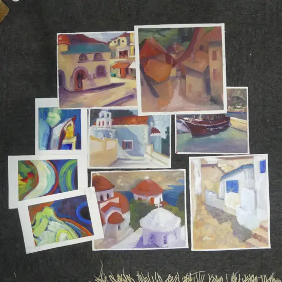 9 ACRYLIC ON CANVAS PAINTINGS BY GLENYS CULLIMORE GREECE ETC, ONE NAMED, L.230MM-360MM
