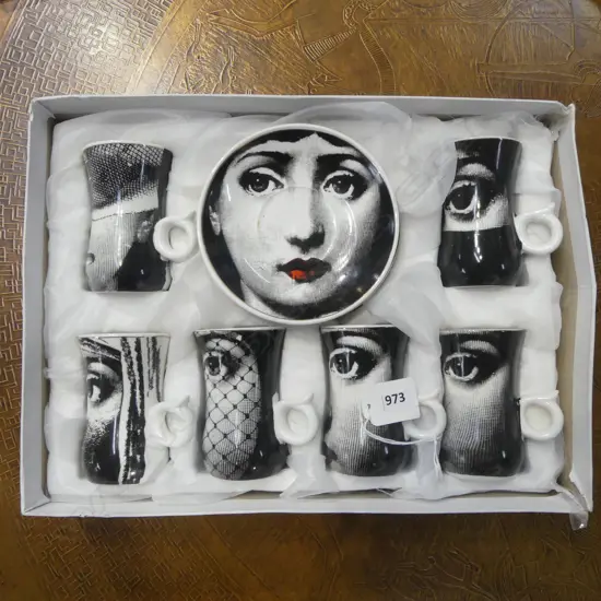 SET OF SIX FAUX PIERO FORNASETTI ESPRESSO CUPS & SAUCERS