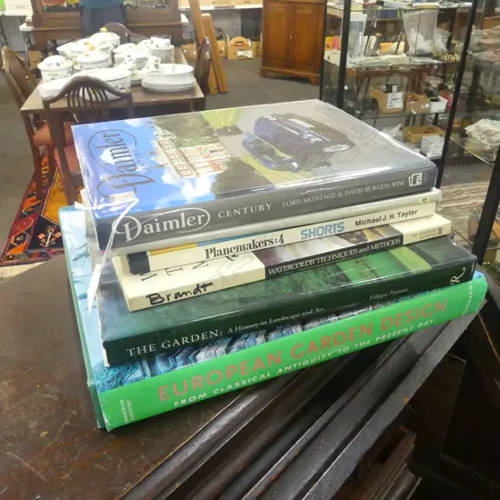 6 REFERENCE BOOKS; 2 ON GARDEN DESIGNS, W/C, DAIMLER, etc