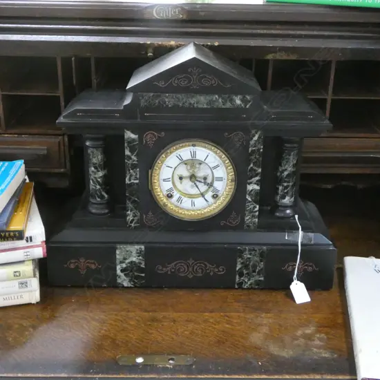 HEAVY BLACK SLATE & MARBLE MANTLE CLOCK W.450 H.360mm chip to clock face, no pendulum or key