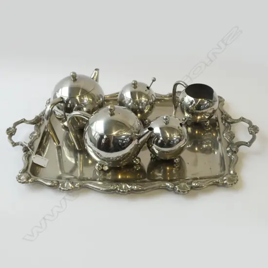  STAINLESS STEEL TEAPOTS + SUGAR + MILK JUG W. TRAY
