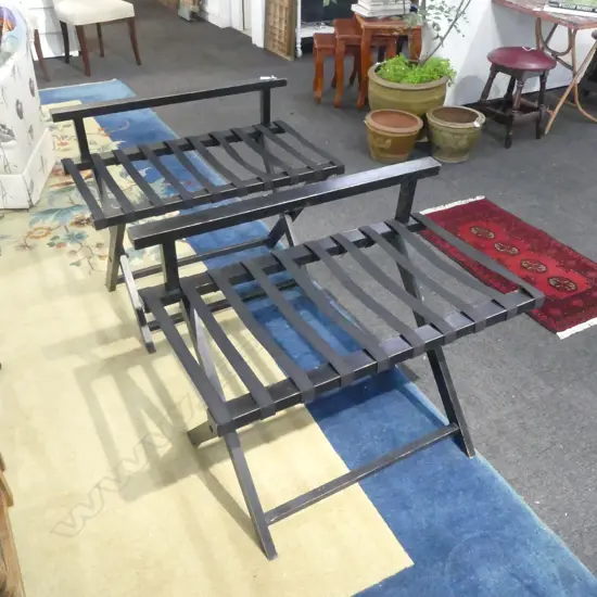 PR DISTRESSED EBONISED FOLDING LUGGAGE RACKS with canvas straps