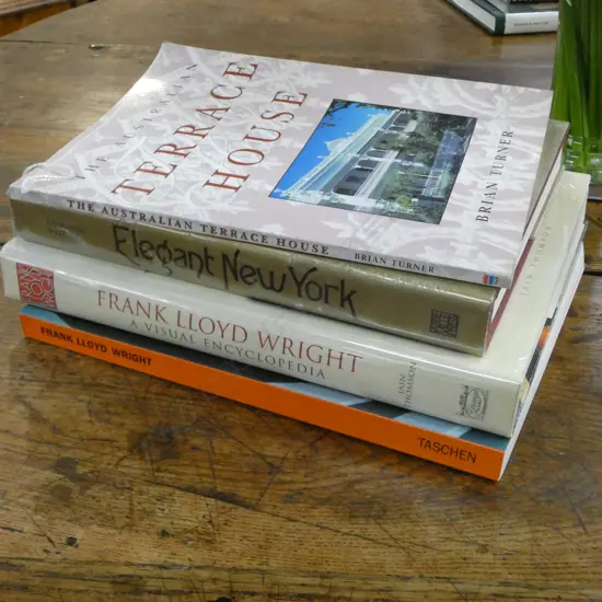 4 REFERENCE BOOKS; 2 ON FRANK LLOYD WRIGHT, 'ELEGANT NEW YOR' & 'THE AUSTRALIAN TERRACE HOUSES'