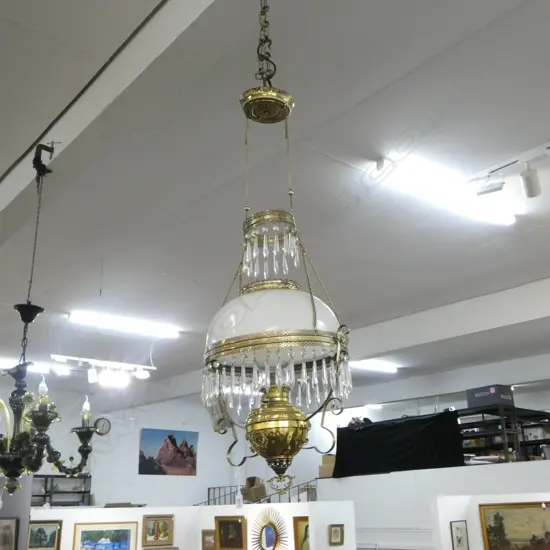 19THC BRASS RISE & FALL KEROSENE HANGING LAMP W MILK GLASS SHADE