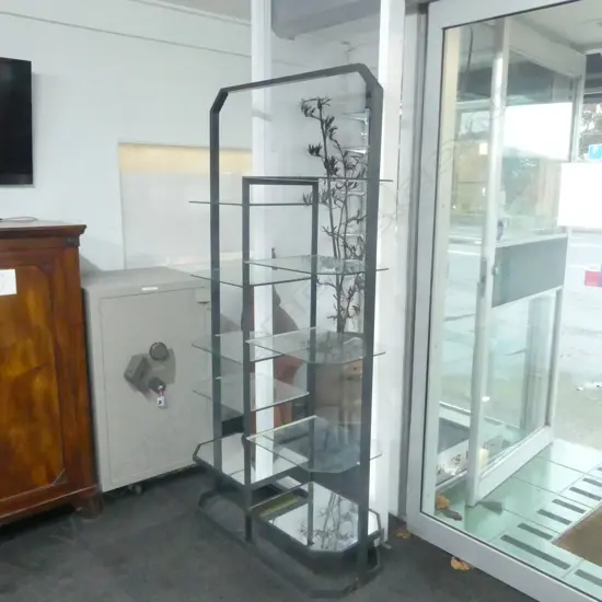 VINTAGE GLASS & METAL stepped MULTI DISPLAY SHELF UNIT - 8 glass shelves + 2 lower mirrored shelves. 1010 x 400 x 1980mm