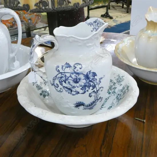 VICT JUG & WASH BASIN  BLUE FLORAL PAT