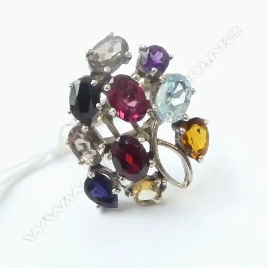 SILVER SET MULTI COLOURED NATURAL? STONE RING SIZE P