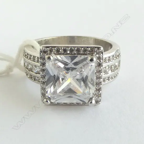 SILVER FANCY CZ  CLUSTER DRESS RING SIZE N