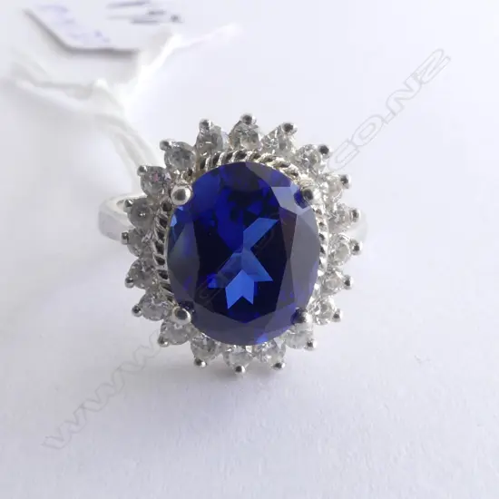 SILVER SYN SAPPHIRE & CZ DRESS RING SIZE M1/2