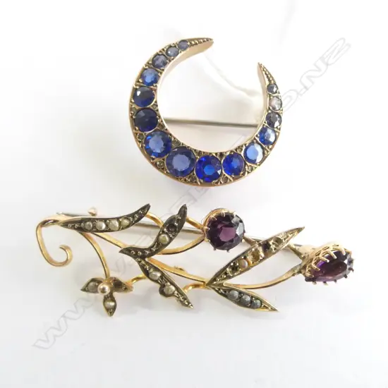 2 9ct BROOCHES; CRESCENT w BLUE STONES & PURPLE STONE & SEED PEARL (some seed pearls missing)