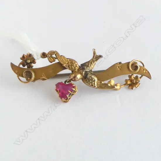 EDWARDIAN 9ct SWALLOW BROOCH W RED STONE DROP 2.17gms