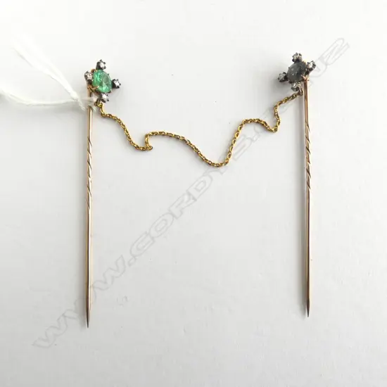PR OF 19thC GOLD  9ct or higher DIAMOND & COLOURED STONE LINKED COAT STICK PINS 4.34gms