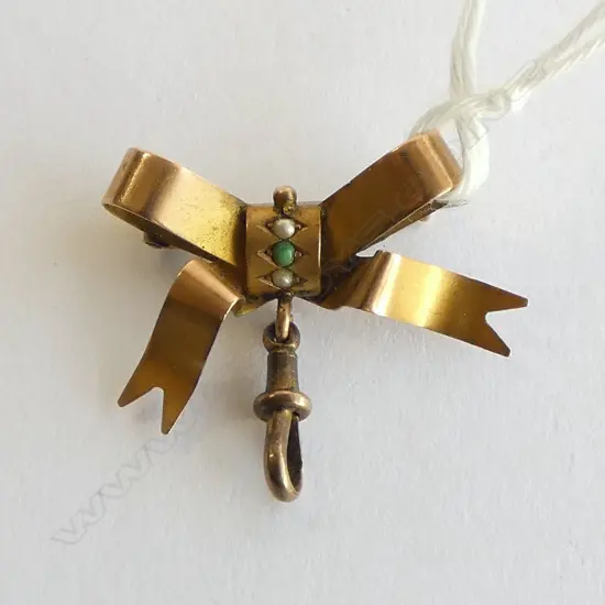 EDWARDIAN 9ct GOLD BOW BROOCH set w turquoise + seed pearls & gold plate clip drop 2.43gms