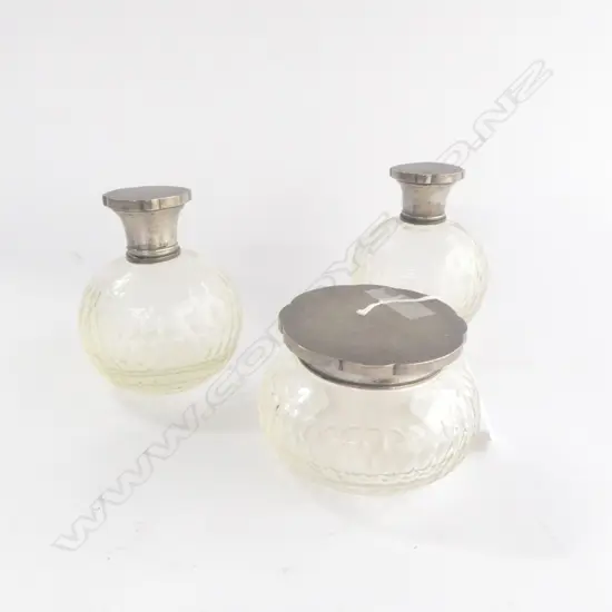 DRESSING TABLE SET, .800 SILVER ENGRAVED CAPS