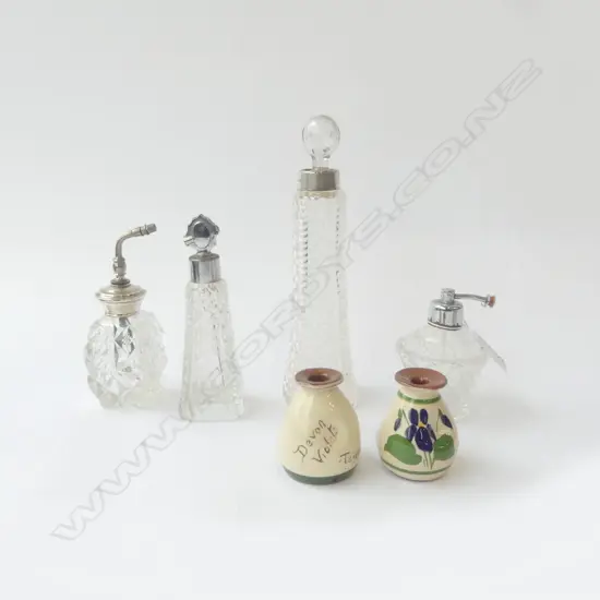 6 VINTAGE PERFUME BOTTLES – 2 DEVON VIOLETS, 4 CRYSTAL& GLASS (2 W. STG SILVER), H.60MM-210MM