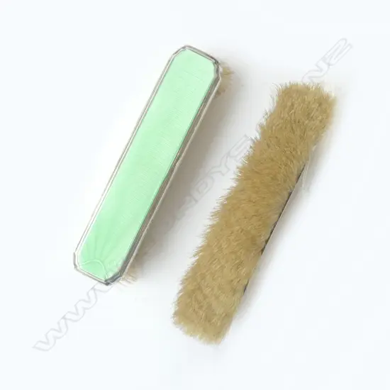 PAIR STG SILVER & GUILLOCHE ENAMEL DECO CLOTHES BRUSHES LONDON 1940, L.160MM